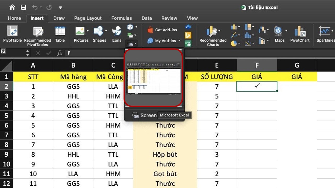  chụp ảnh màn hình trong Excel: