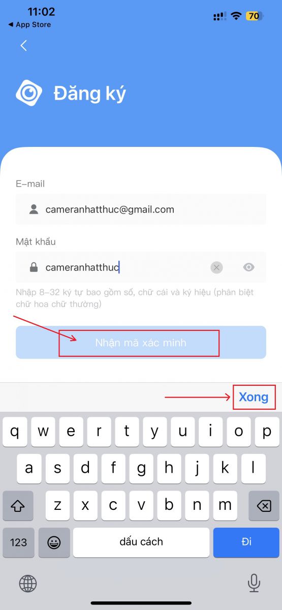 Ta nhập email và mật khẩu sau đó bấm nhận mã xác minh