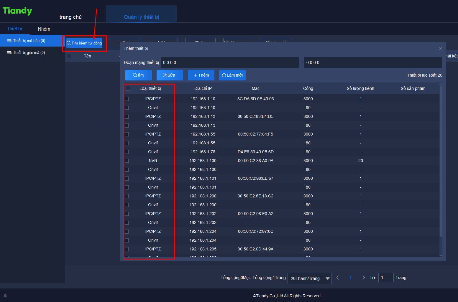 Sử dụng tìm kiếm tự động của phần mềm Easy7 VMS