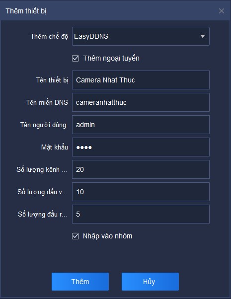 Thêm mới thiết bị bằng giao thức EasyDDNS