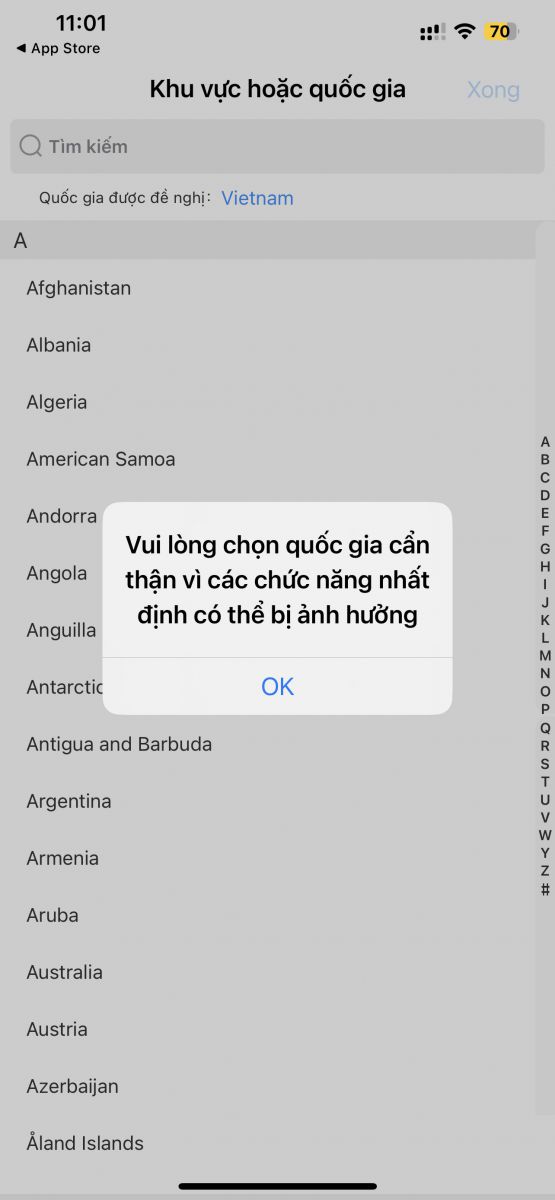 Thông báo lựa chọn quốc gia