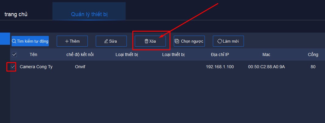 Xóa thiết bị trên phần mềm Easy7 VMS