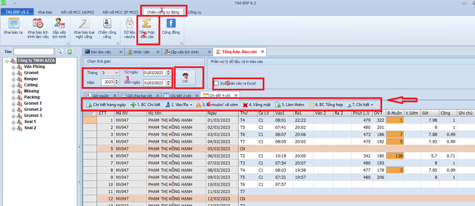 Tổng hợp dữ liệu và xuất báo cáo bằng phần mềm chấm công TAS-ERP