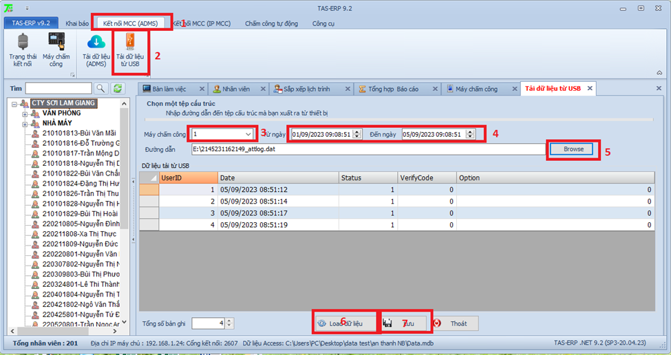 Đẩy dữ liệu chấm công từ USB lên phần mềm chấm công TAS-ERP