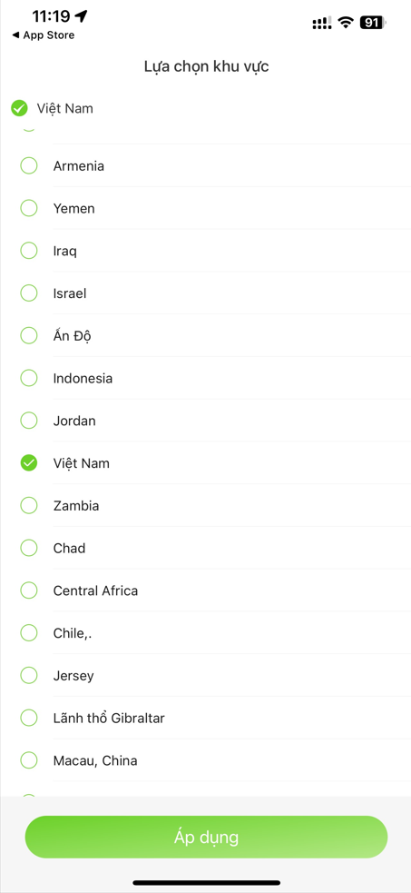 Lựa chọn khu vực và bấm Áp dụng